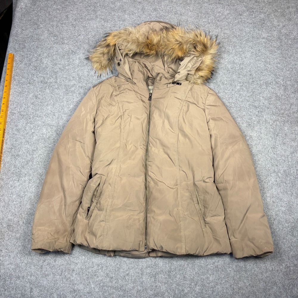 Gerard Darel Womens Taupe Tan Puffer Jacket Faux Fur Hood Belted Size 42